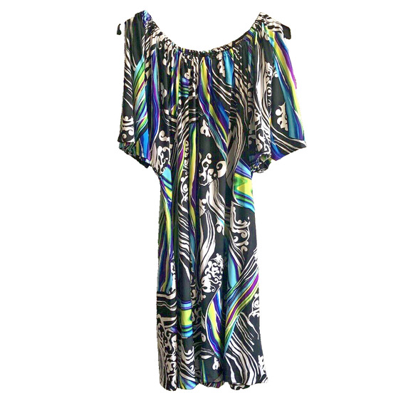 AB Studio Multicolor Off Shoulder Geo Print Slit Sleeve Swing Dress Reg Size XL - Picture 3 of 9